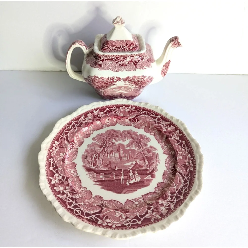 Mason's Vista Pink Red Transfer Teapot & Lid England Vintage $250.00
